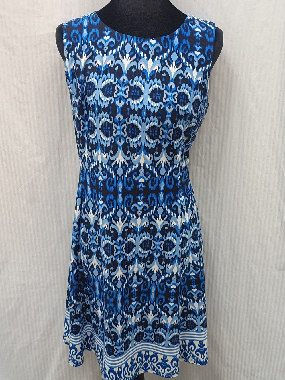 AB Studio Sleeveless Blue Ikat Print Fit & Flare Dress S